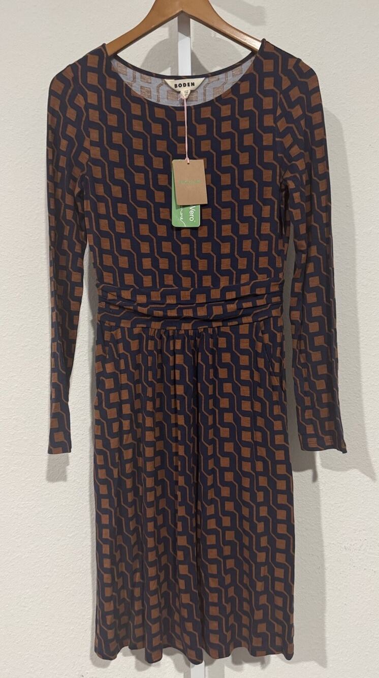 Boden Abigail Brown Blue Geometric Stretch Jersey Midi Dress Size UK 6 US 2 NWT